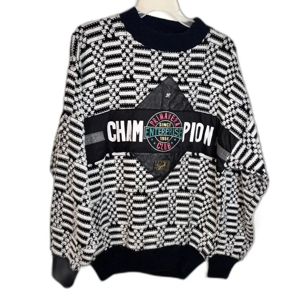 Vintage 90s 3D Knit Sweater Mens M Black White Geometric Champion Patch Grandpa